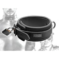 Tom of Finland black neoprene collar with a metal buckle, side padlock, and silver logo plate against a sketch backdrop.