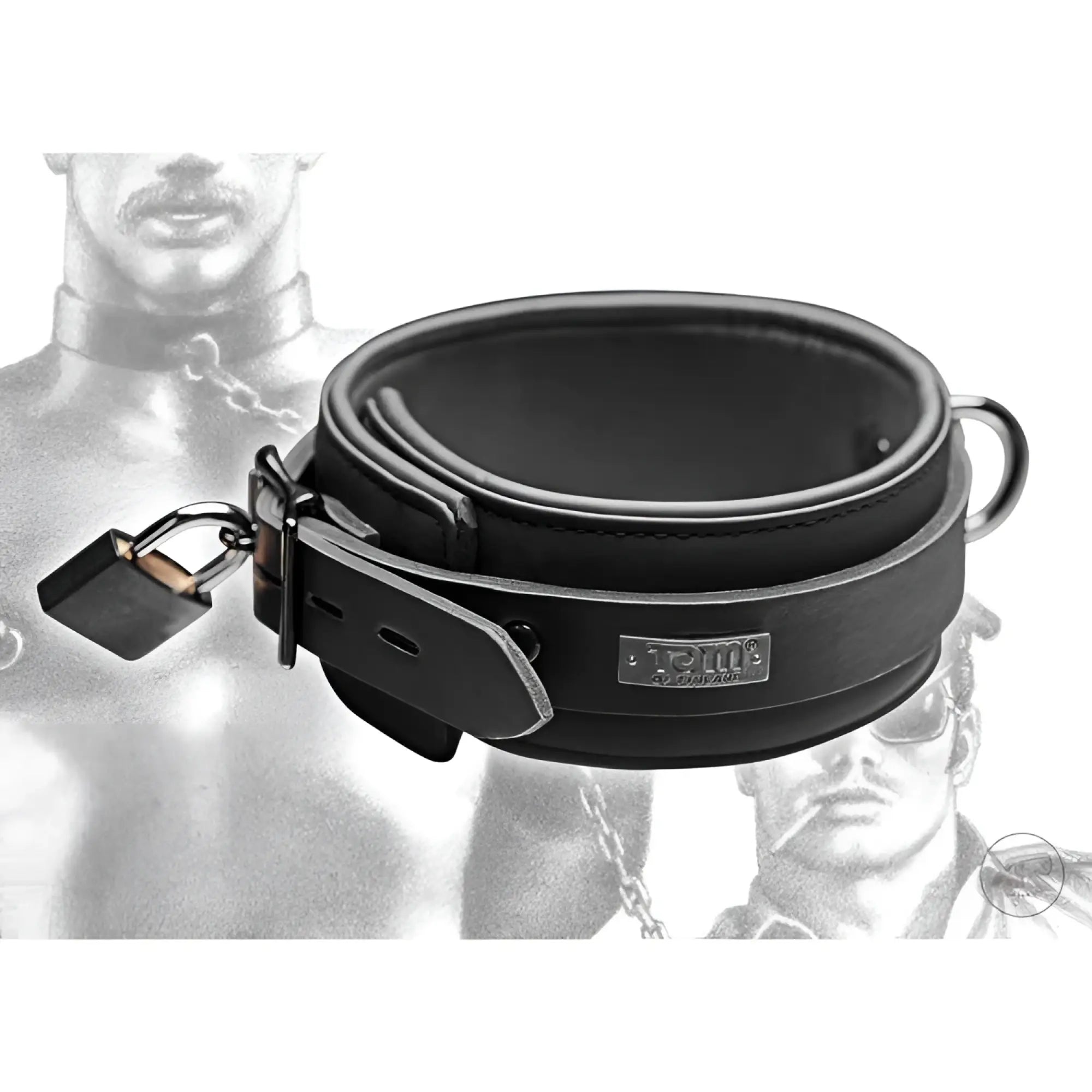 Tom of Finland black neoprene collar with a metal buckle, side padlock, and silver logo plate against a sketch backdrop.