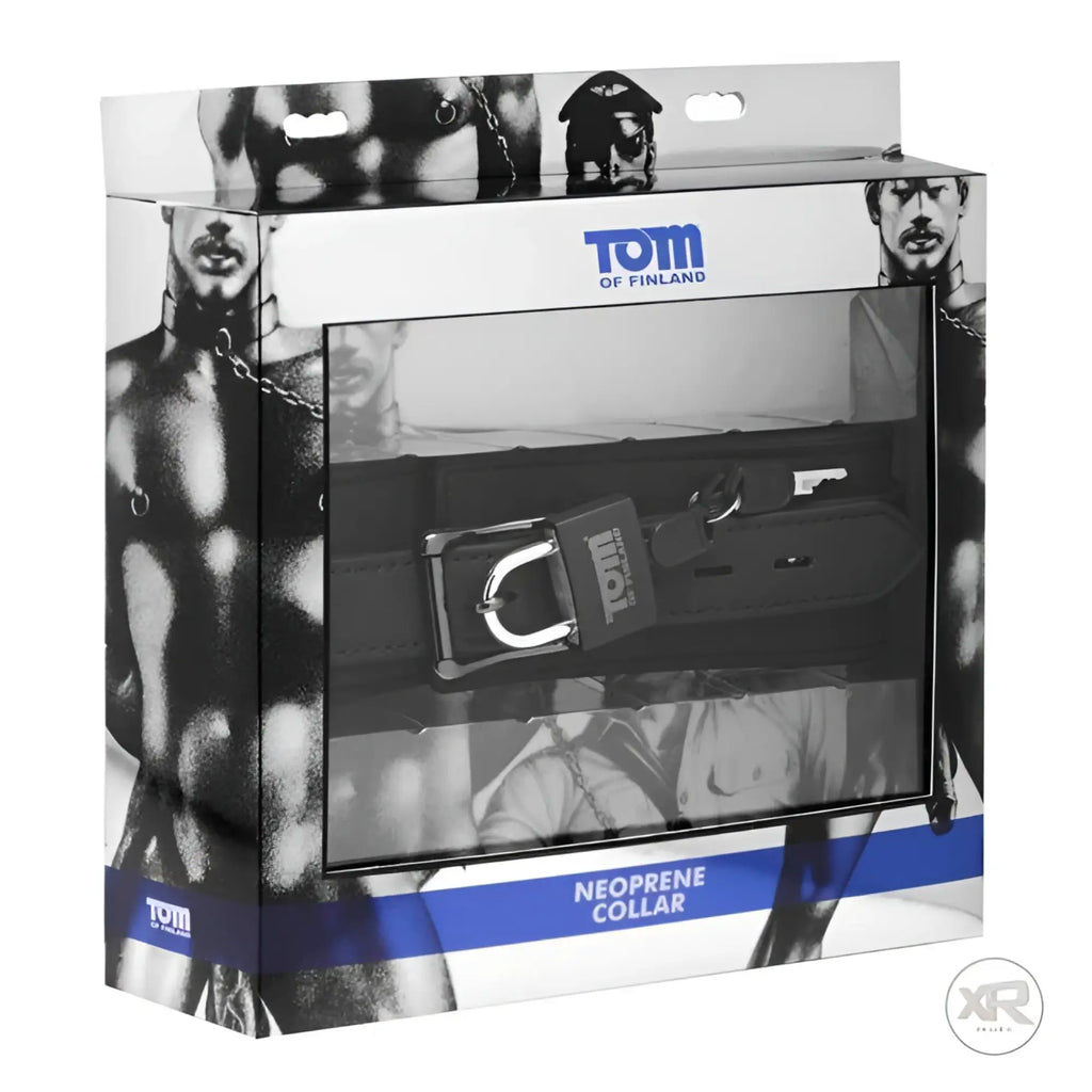 Tom of Finland Neoprene Collar in black, featuring a branded metal buckle and key, packaged in a display box.