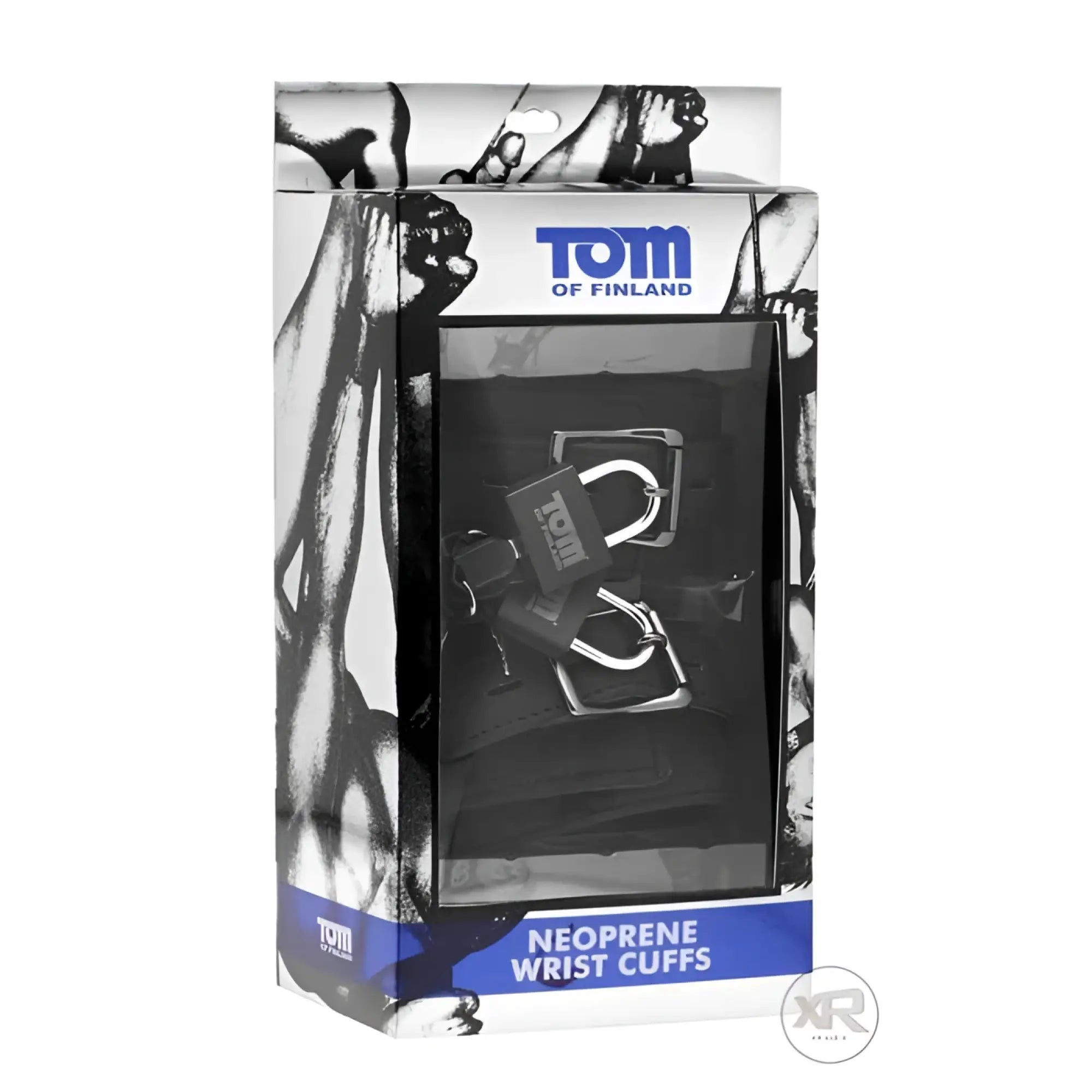 Tom of Finland black neoprene wrist cuffs with silver buckles, packaged in a branded illustrative display box.