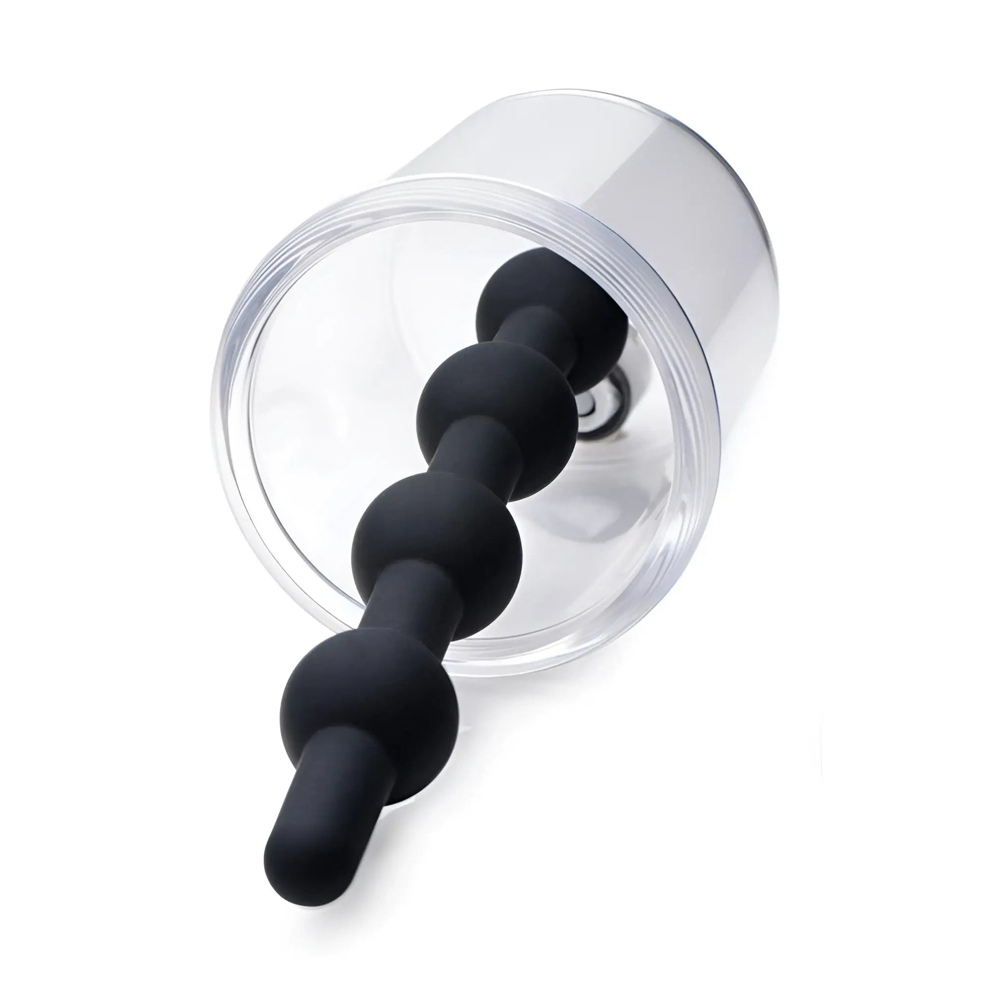 Tom of Finland Rosebud Cylinder featuring a black, multi-beaded silicone insert inside a clear plastic vessel.