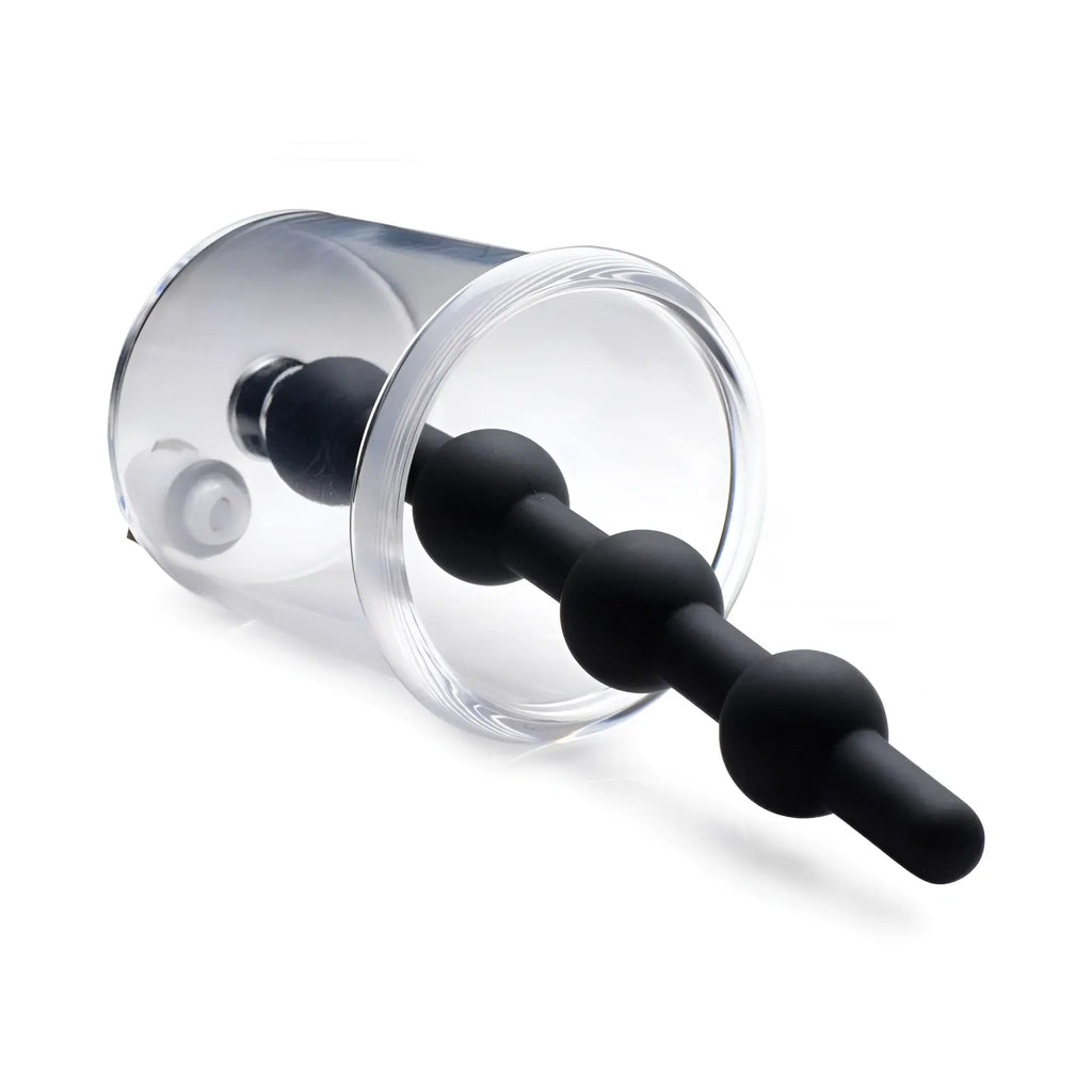 Tom of Finland Rosebud Cylinder featuring a clear plastic housing and a flexible, black beaded silicone insert.