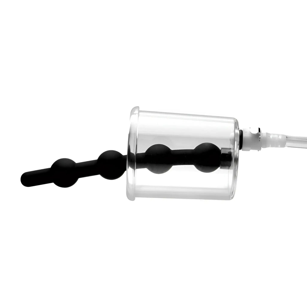 Tom of Finland Rosebud cylinder with a black, beaded silicone insert inside a clear plastic vacuum tube.