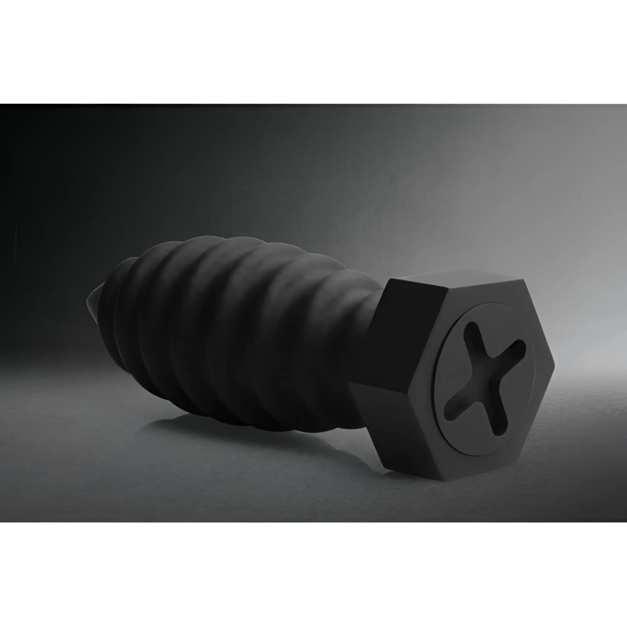 Matte black Tom of Finland Screw U anal plug shaped like a large metal screw with a hexagonal head and ribbed base.