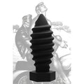 Tom of Finland Screw U anal plug: A black, spiraled, tapered silicone plug with a hexagonal base over a biker image.