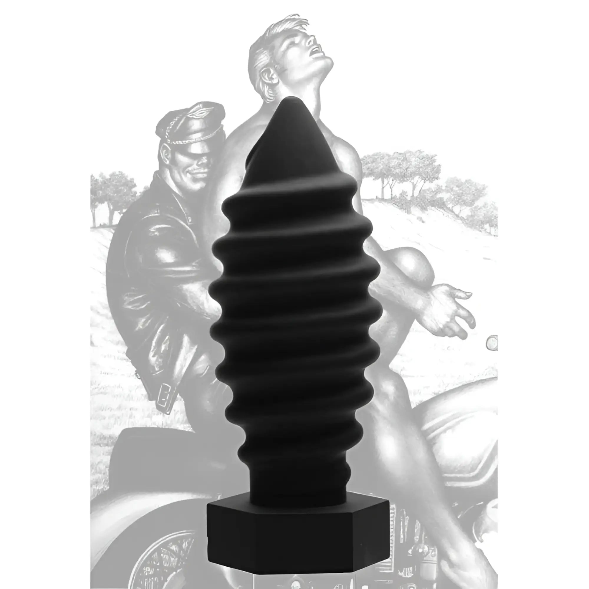 Tom of Finland Screw U anal plug: A black, spiraled, tapered silicone plug with a hexagonal base over a biker image.