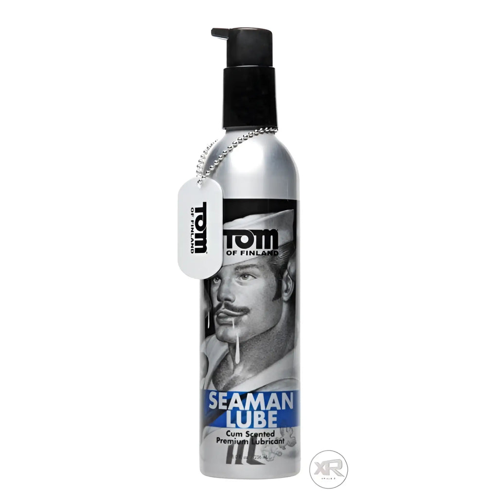 Silver metallic tom of finland seaman lube bottle with black pump dispenser and branded tag 8 oz size