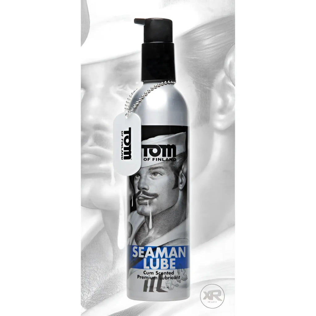 Silver pump bottle of tom of finland seaman lube cum-scented premium lubricant with black cap and dog tag label