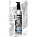 Silver pump bottle of tom of finland seaman lube cum-scented premium lubricant with black cap and dog tag label