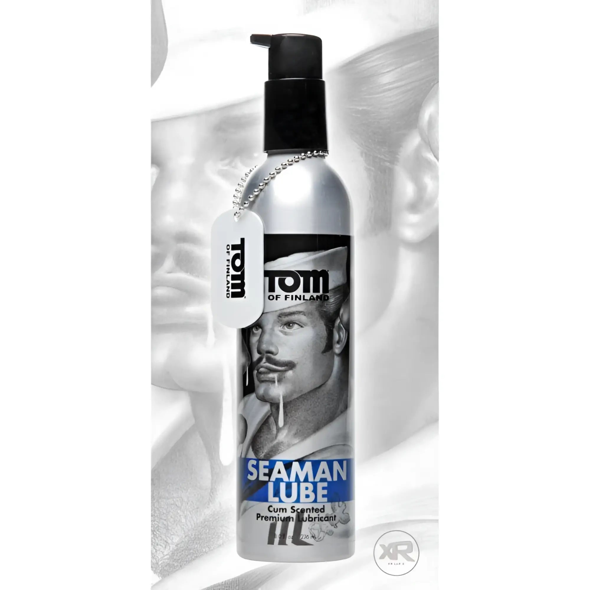 Silver pump bottle of tom of finland seaman lube cum-scented premium lubricant with black cap and dog tag label