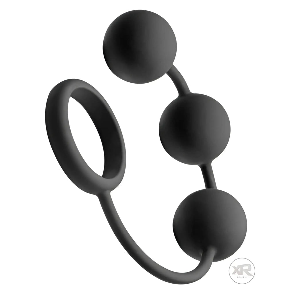 Tom of Finland silicone cock ring featuring three smooth, black, weighted anal balls attached to a flexible ring.