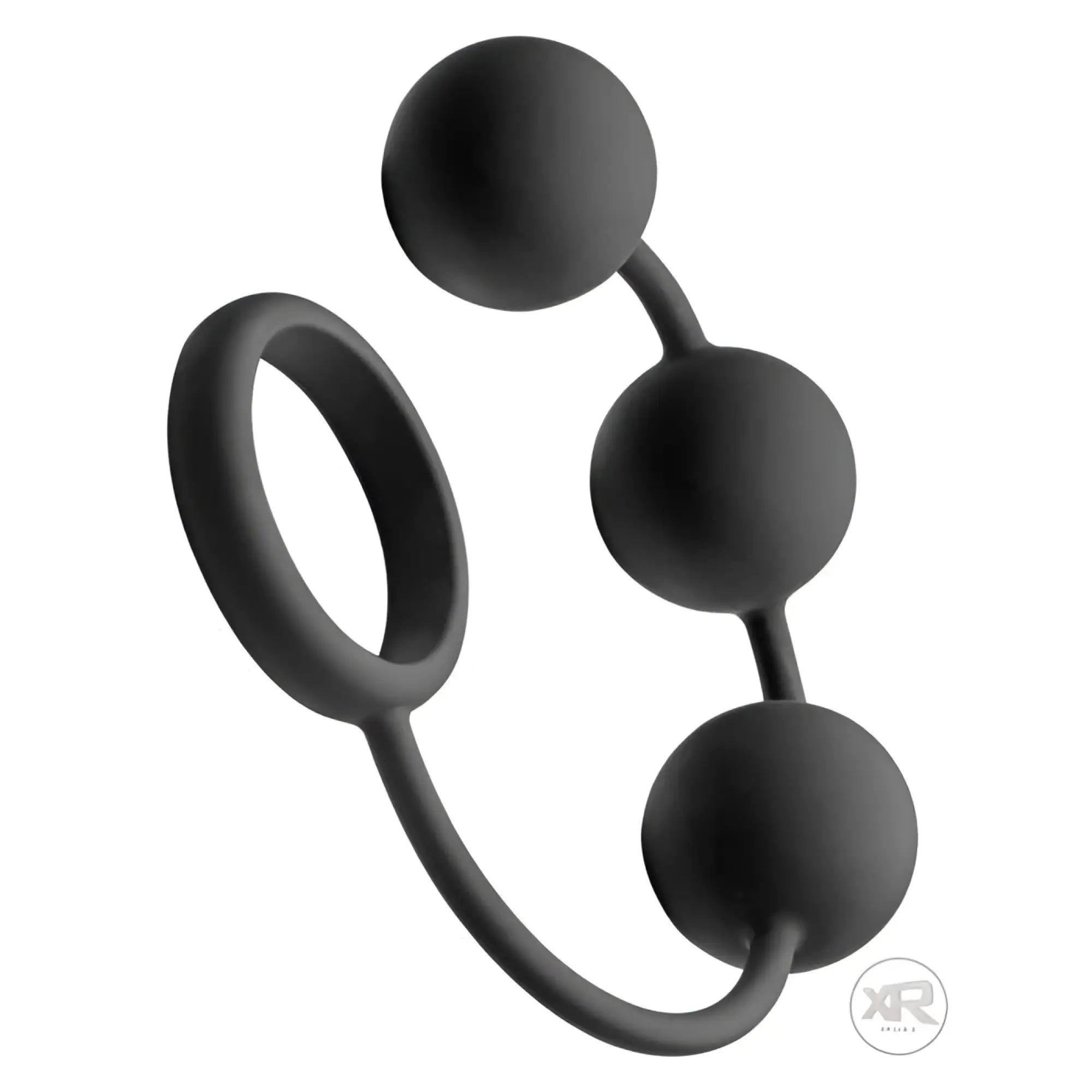 Tom of Finland silicone cock ring featuring three smooth, black, weighted anal balls attached to a flexible ring.