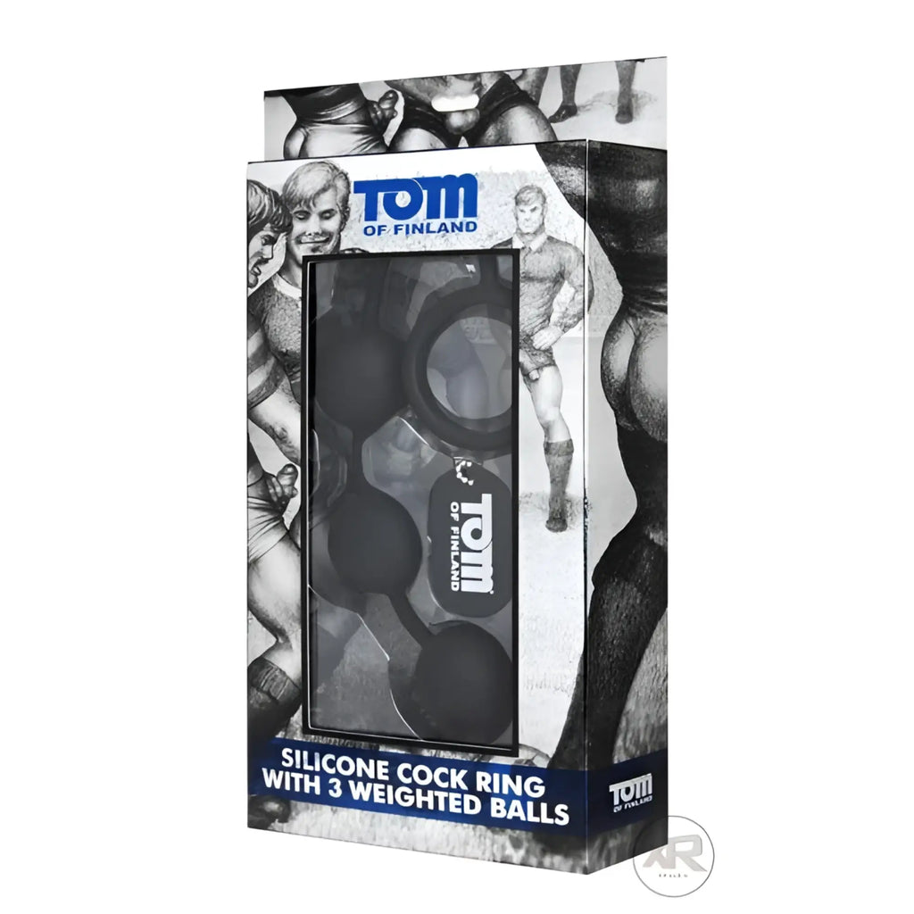 Tom of Finland silicone cock ring and weighted anal ball set in black packaging featuring vintage character artwork.