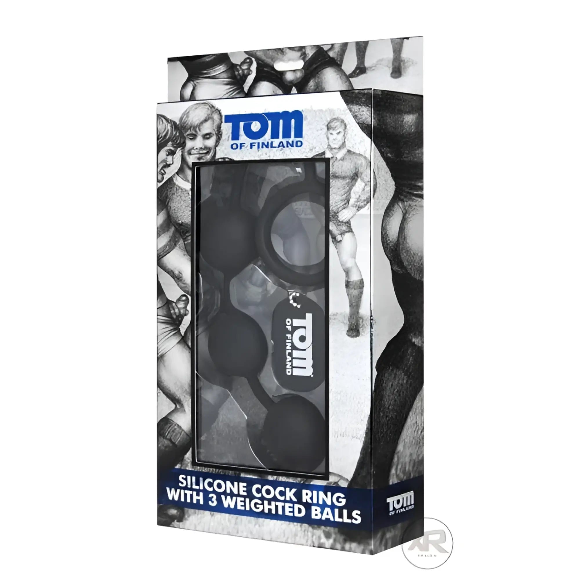 Tom of Finland silicone cock ring and weighted anal ball set in black packaging featuring vintage character artwork.
