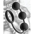 Tom of Finland matte black silicone cock ring with three weighted anal balls, set against a sketched illustration background.