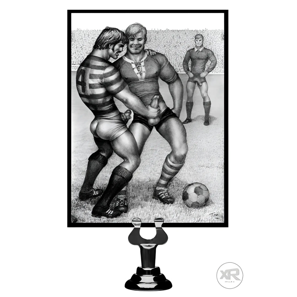 Tom of Finland silicone cock ring and weighted anal balls, black, presented in front of a classic erotic art print.