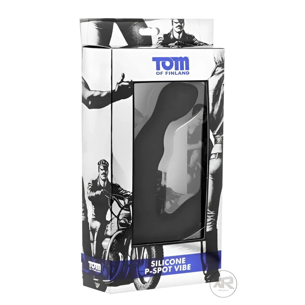 Tom of Finland Silicone P-Spot Vibe in branded white box featuring black-and-white illustrations of men on motorcycles.