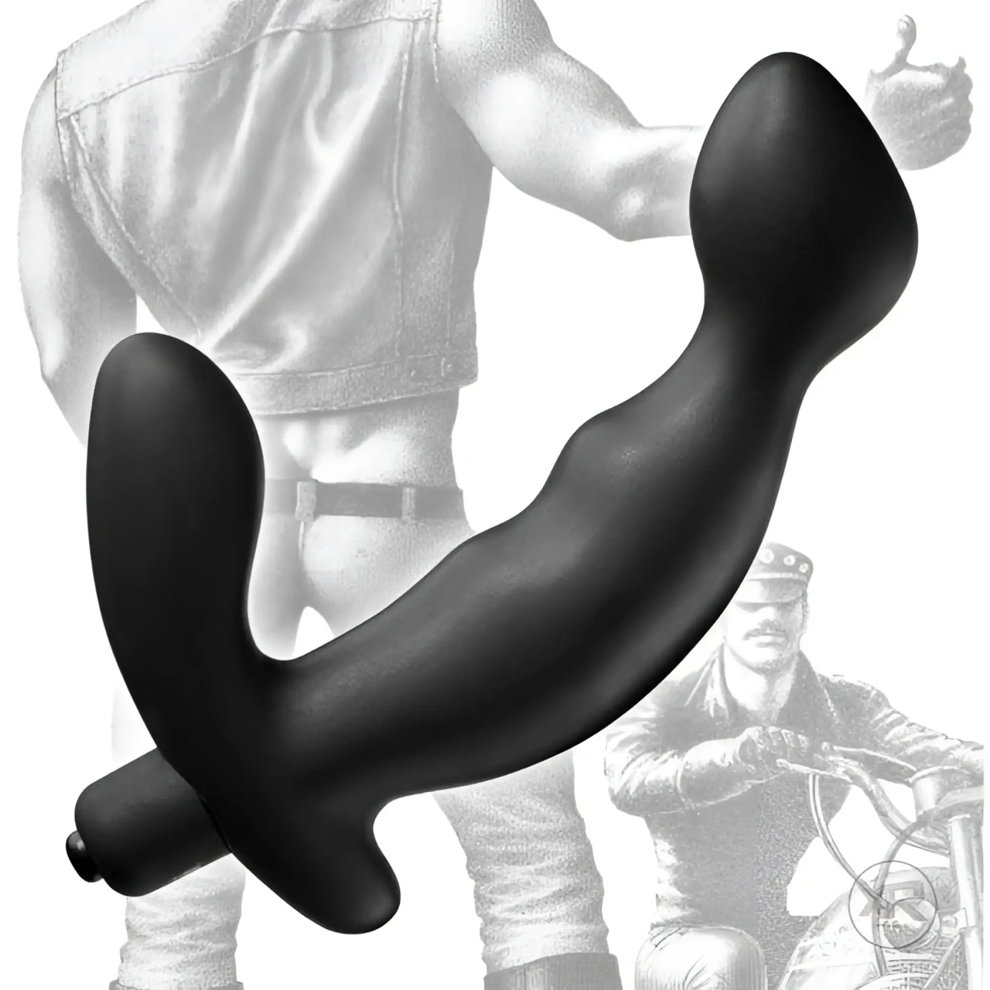 Black, curved Tom of Finland Silicone P-Spot Vibe displayed against a grayscale artistic illustration of a man.