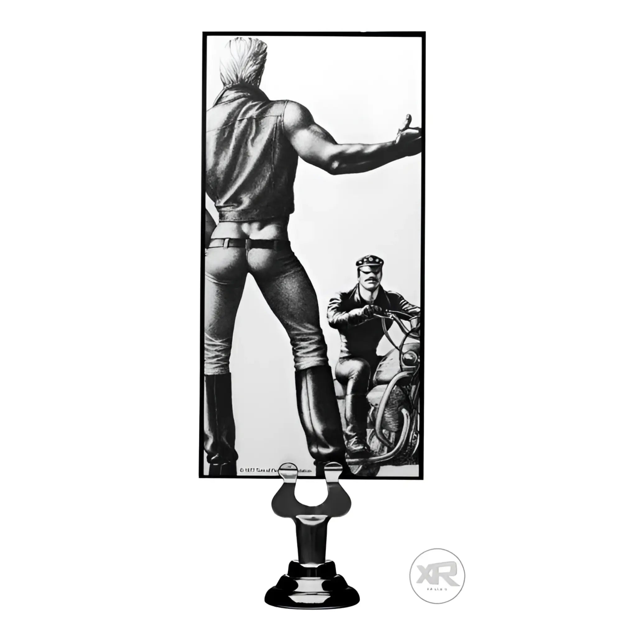 Tom of Finland silicone P-spot vibe featuring a black and white illustrative print of men on a motorcycle.