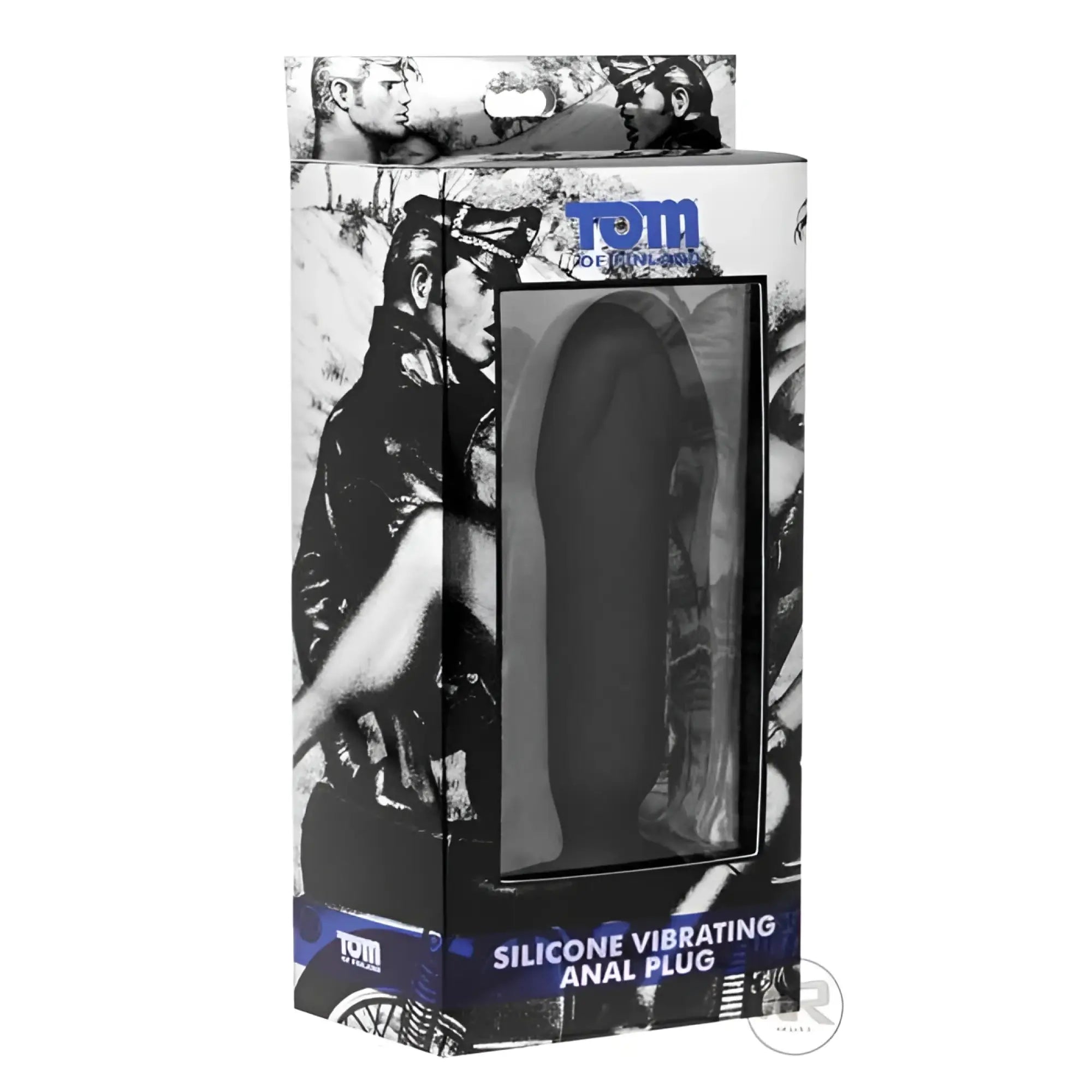 Tom of Finland black silicone vibrating anal plug in illustrated retail packaging featuring iconic leather-clad artwork.