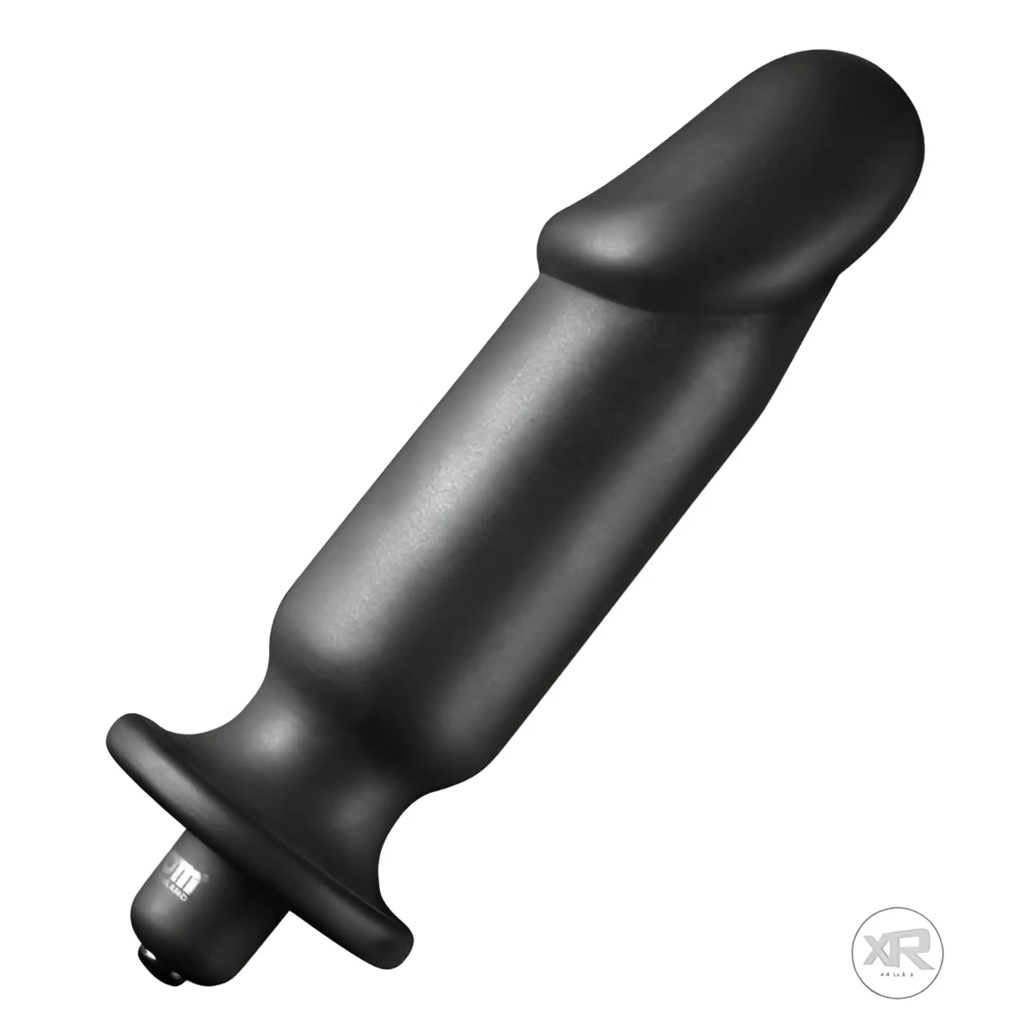 Matte black Tom of Finland vibrating silicone anal plug with a flared base, angled against a plain white background.