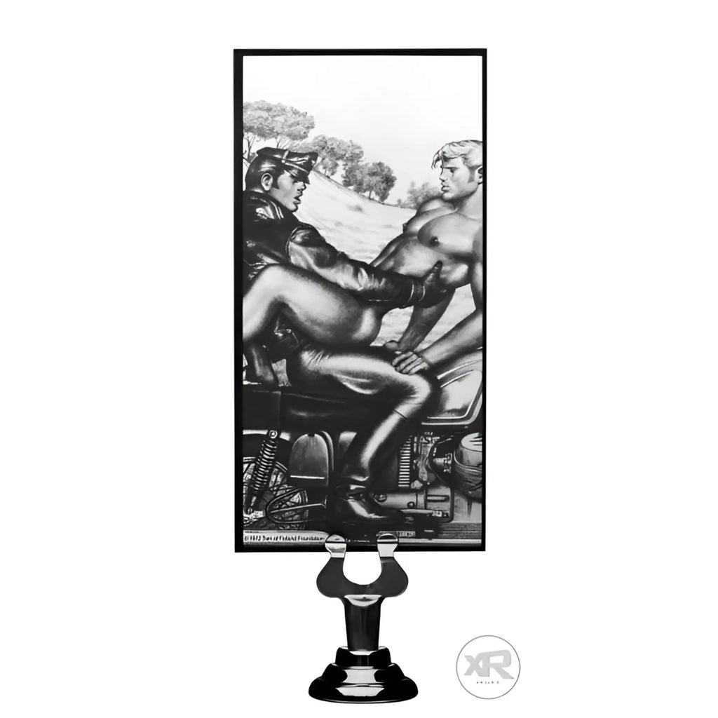 Tom of Finland silicone vibrating anal plug with a black-and-white art graphic of two men on a motorcycle.