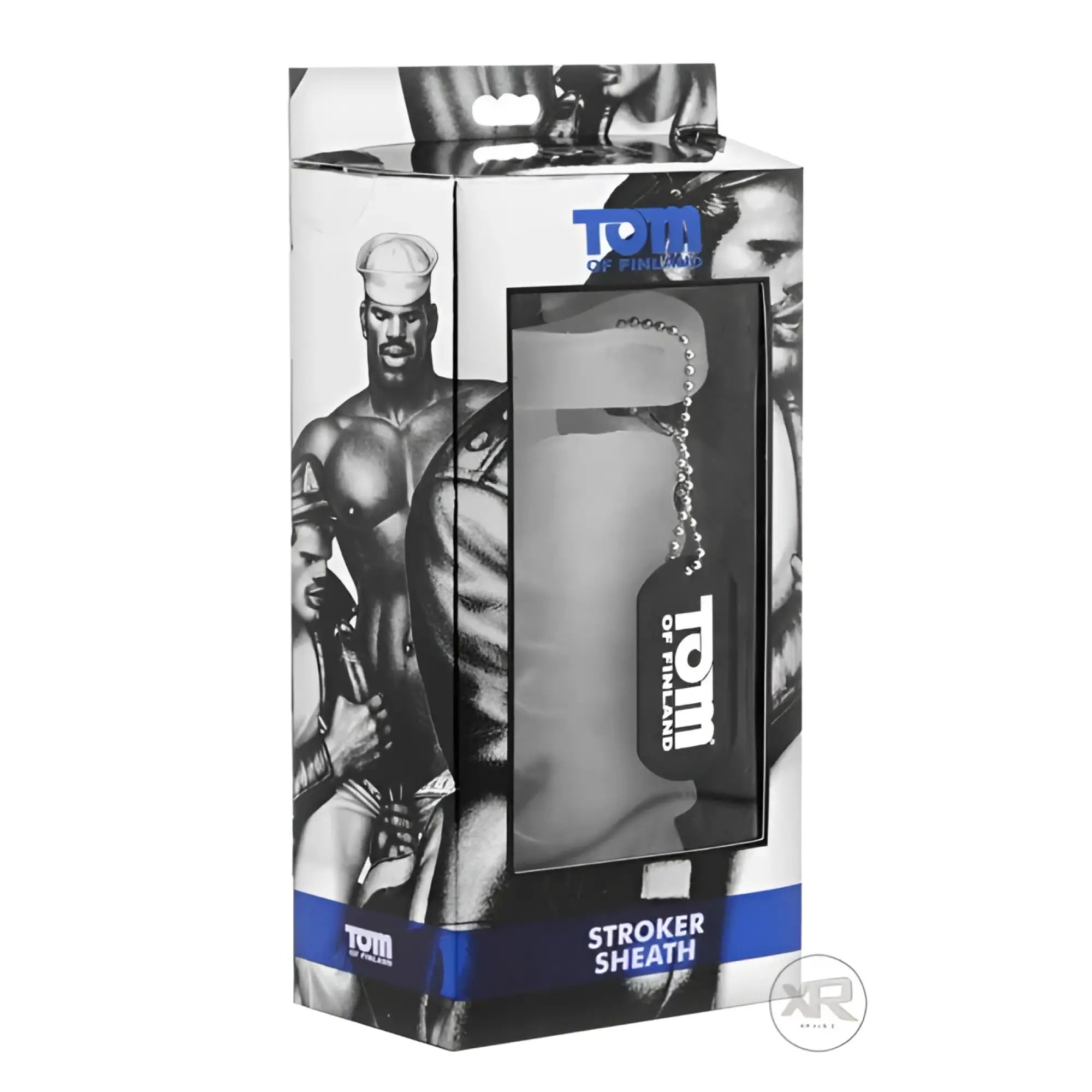 Tom of Finland Stroker Sheath in a branded white box with black-and-white illustrated artwork and a metal dog tag.