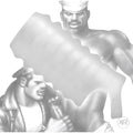 Tom of Finland Stroker Sheath: a clear, textured masturbation sleeve presented over erotic black and white illustrations.