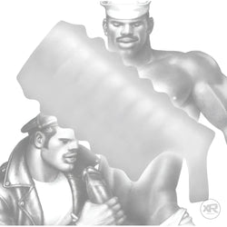 Tom of Finland Stroker Sheath: a clear, textured masturbation sleeve presented over erotic black and white illustrations.