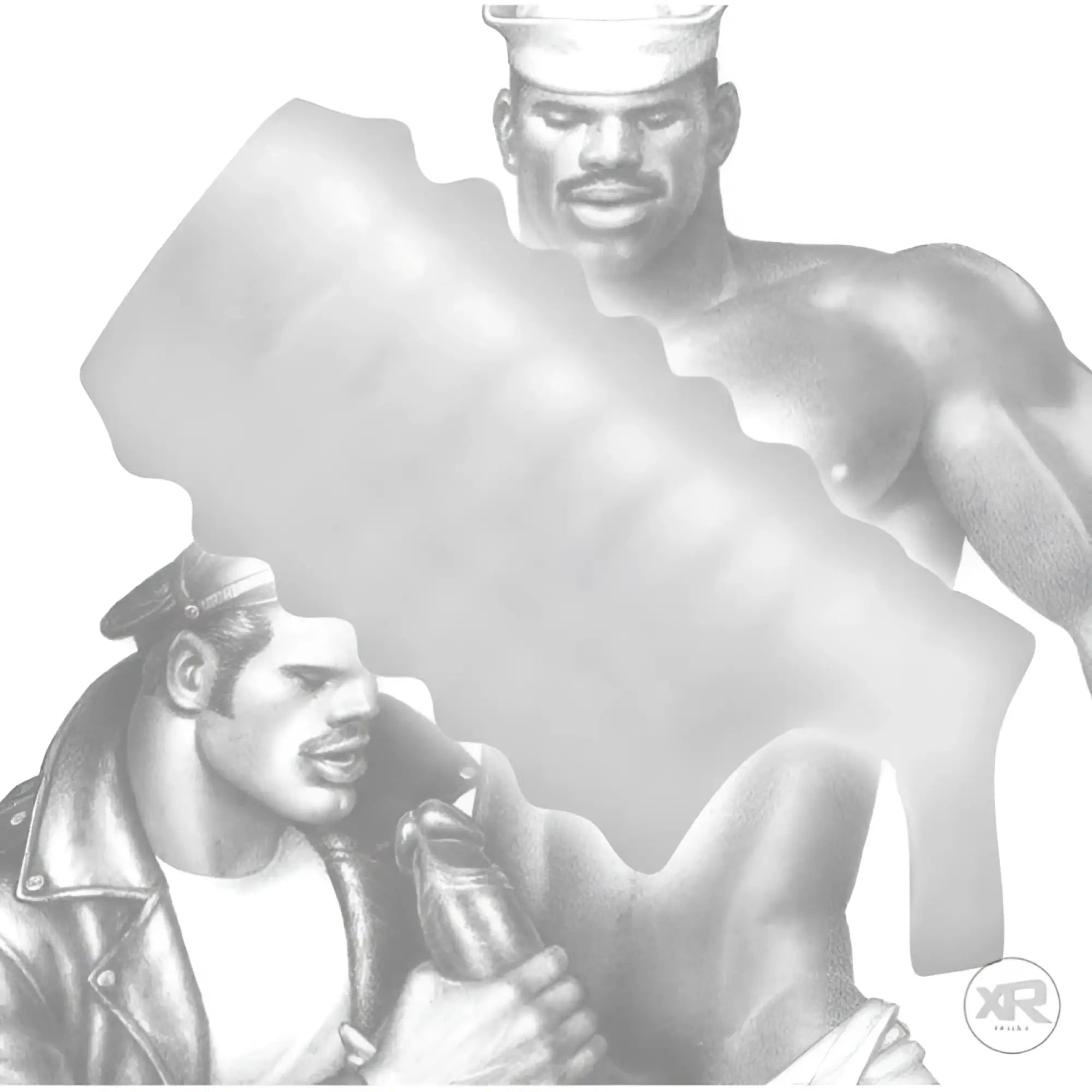 Tom of Finland Stroker Sheath: a clear, textured masturbation sleeve presented over erotic black and white illustrations.