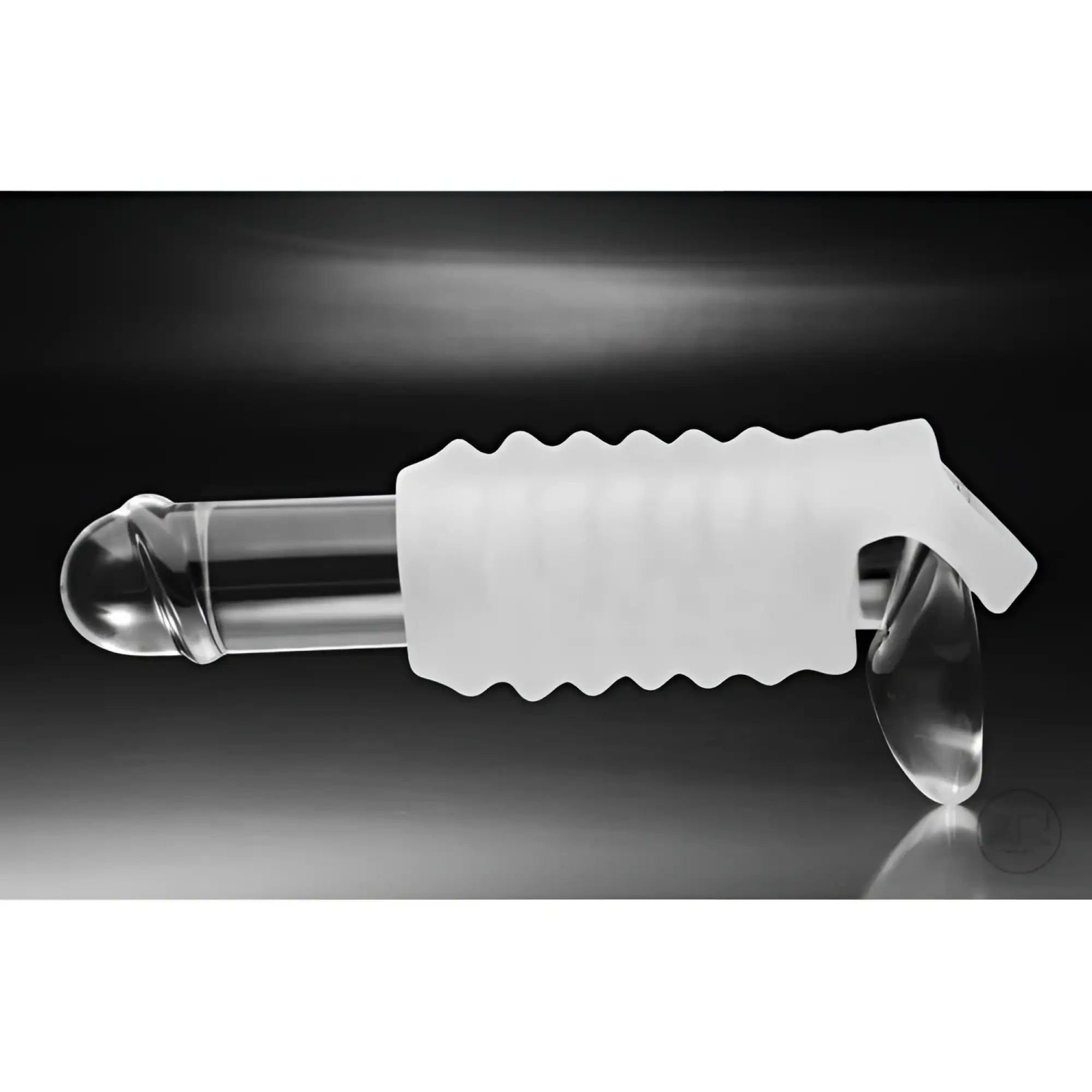 Tom of Finland Stroker Sheath: A clear, ribbed silicone stroker sleeve featuring a translucent, ergonomic design.