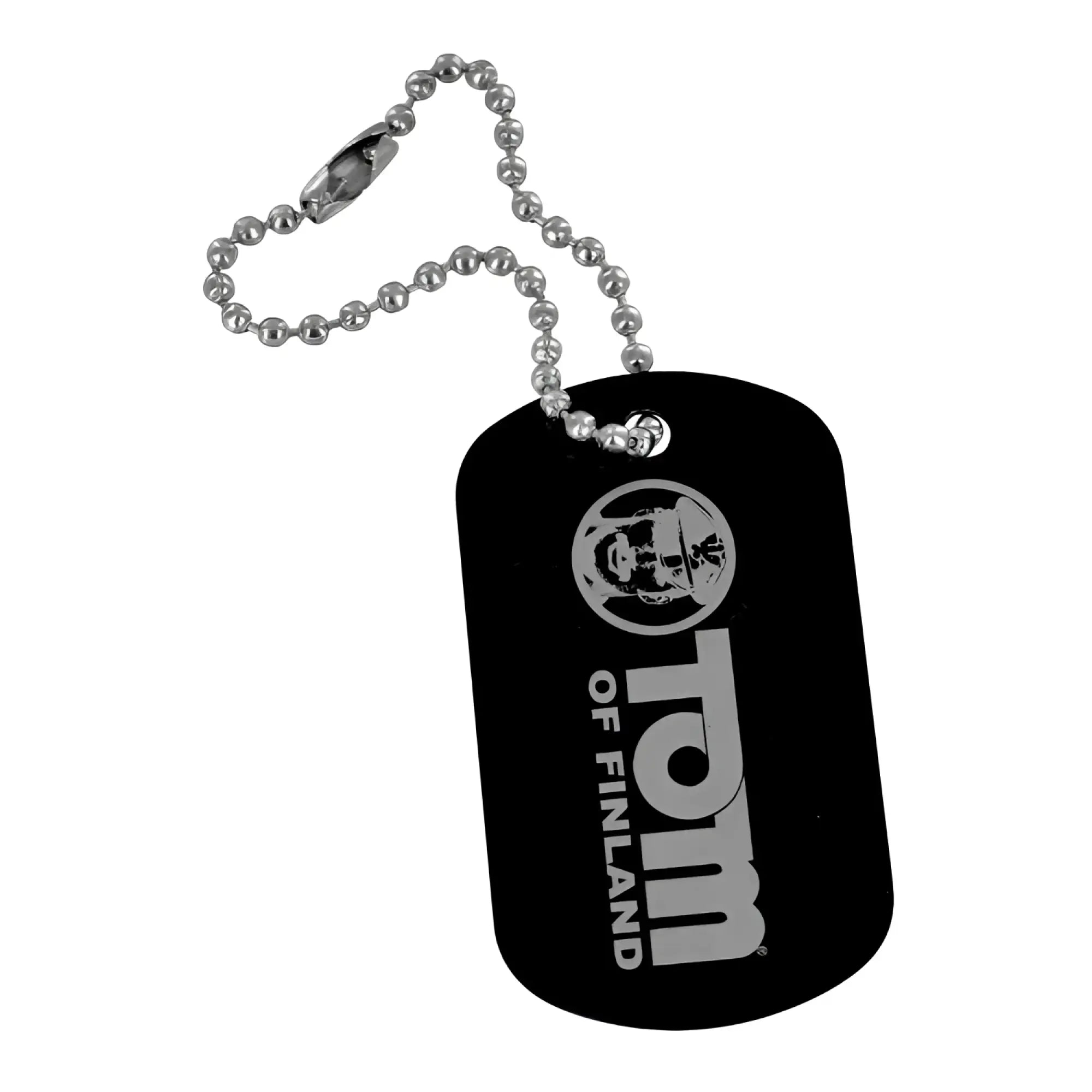 Black metal dog tag with silver engraved tom of finland logo hanging from ball chain for textured girth enhancer