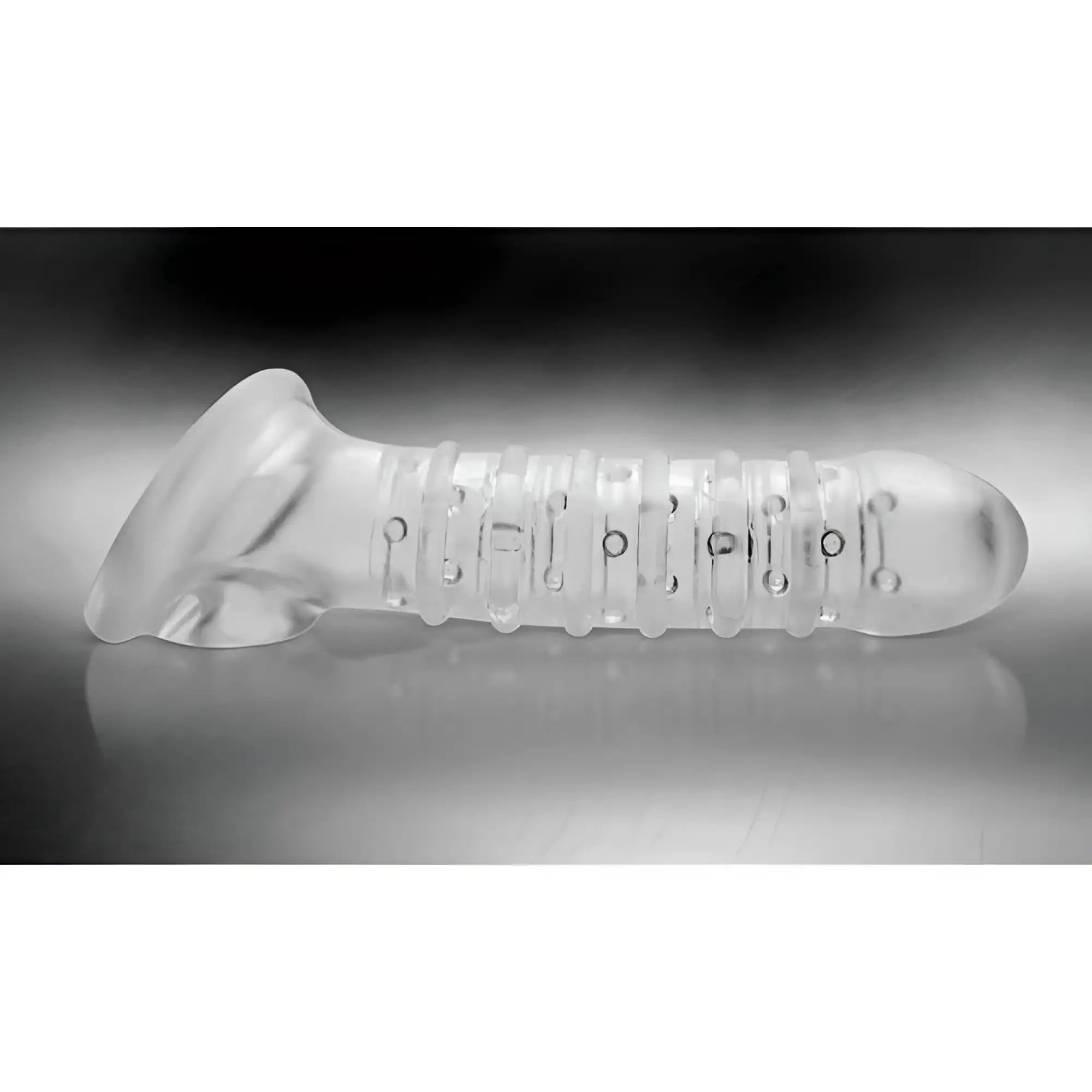 Clear silicone dildo tom of finland textured girth enhancer with ridges and circular indentations along its length