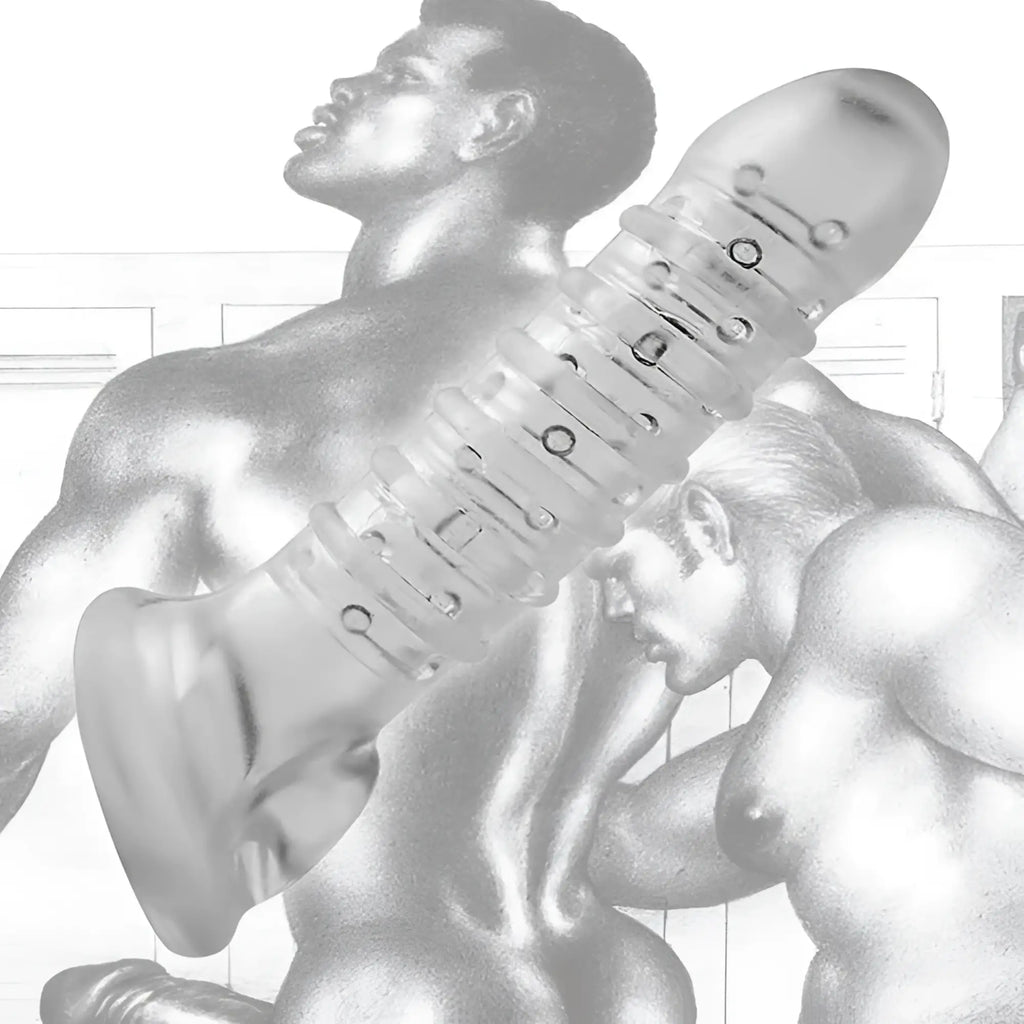 Clear translucent silicone dildo with segmented rings and circular indentations tom of finland textured girth enhancer