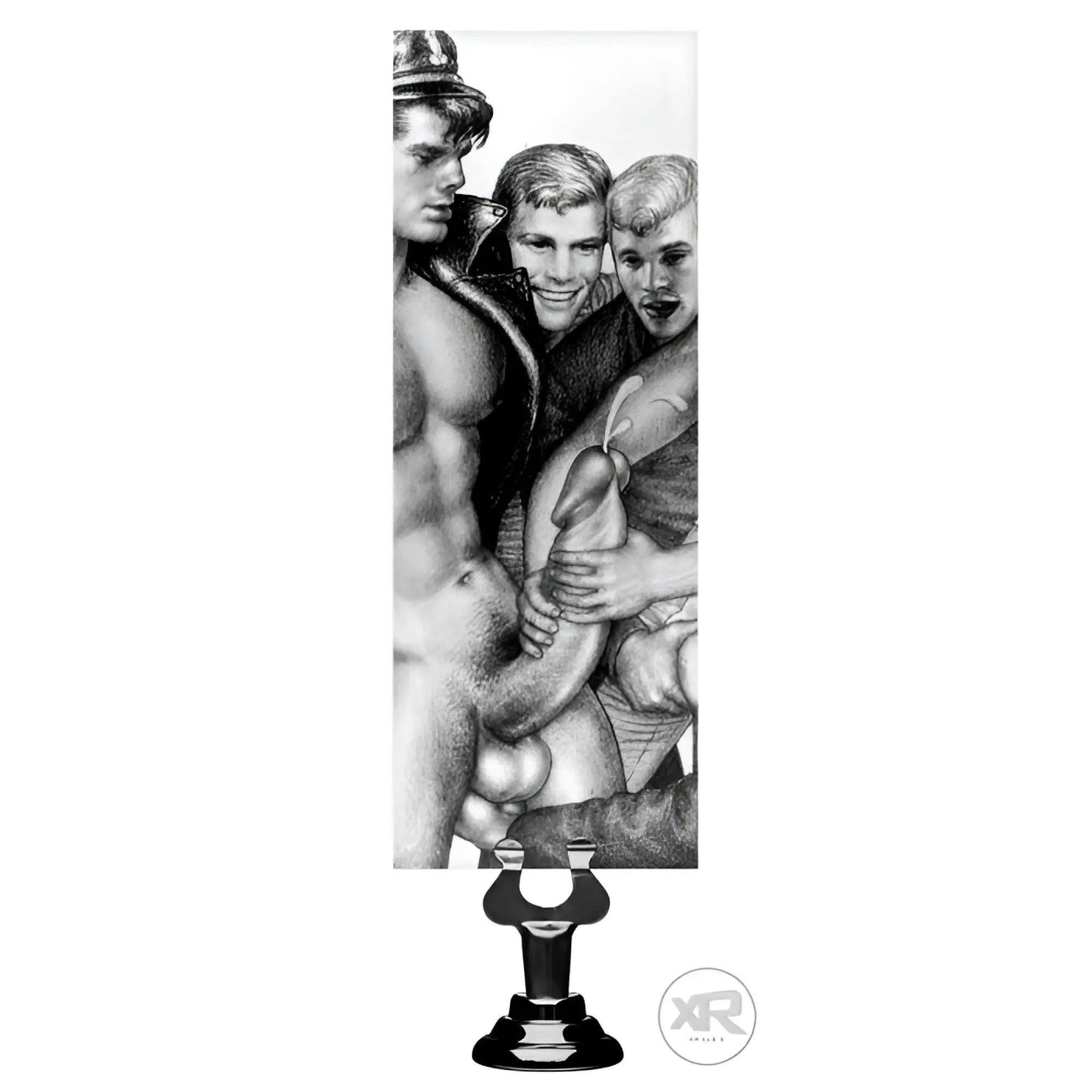 Tom of Finland 12-inch dildo with a black suction cup base, featuring a classic black-and-white Tom of Finland illustration.