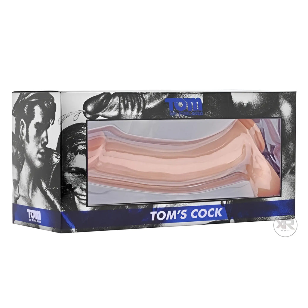 Tom of Finland Tom's Cock 12-inch suction cup dildo in a black-and-white illustrated display box.