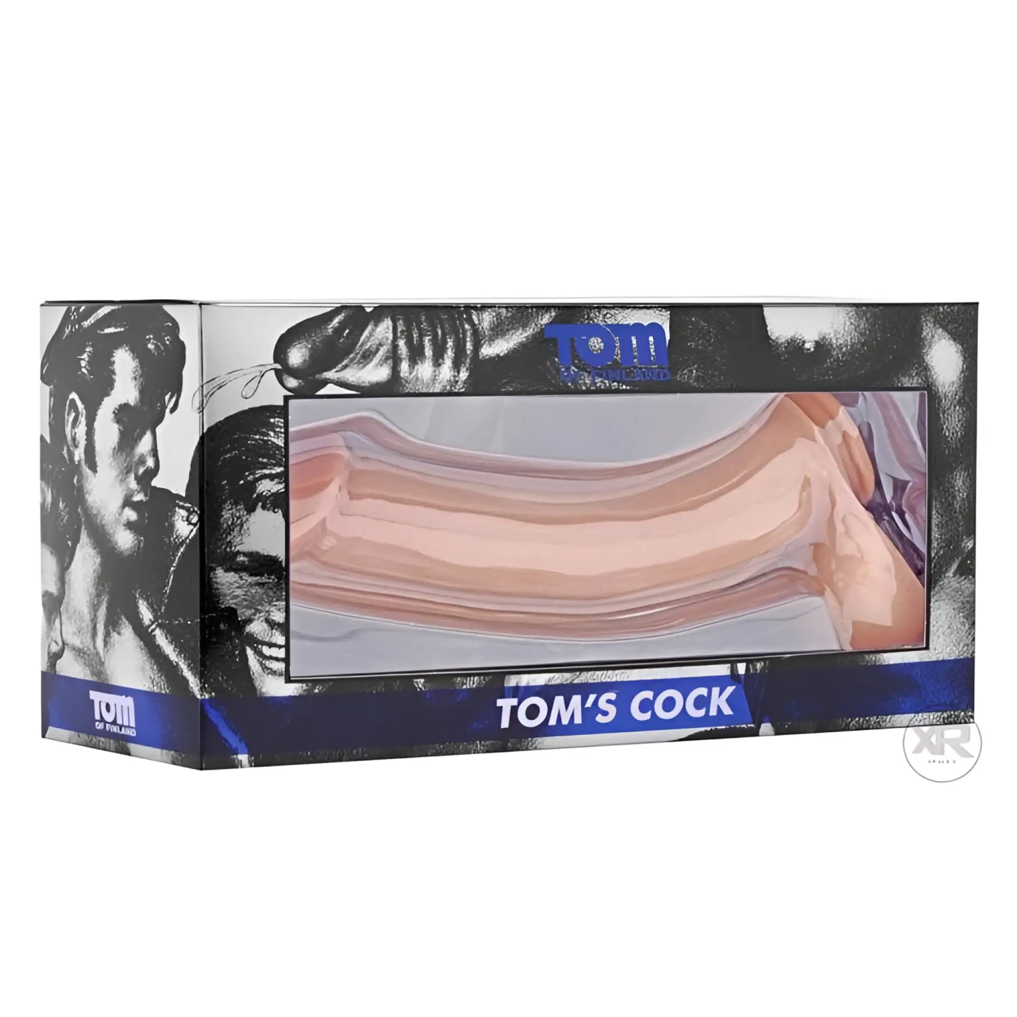 Tom of Finland Tom's Cock 12-inch suction cup dildo in a black-and-white illustrated display box.