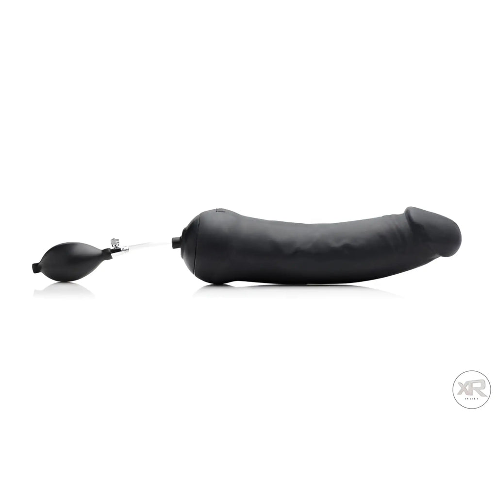 Tom of Finland Toms inflatable black silicone dildo with a hand pump, shown against a plain white background.