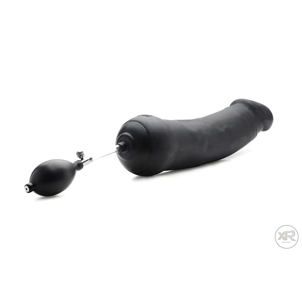 Black Tom of Finland Toms inflatable silicone dildo with a hand-pump inflation bulb on a white background.