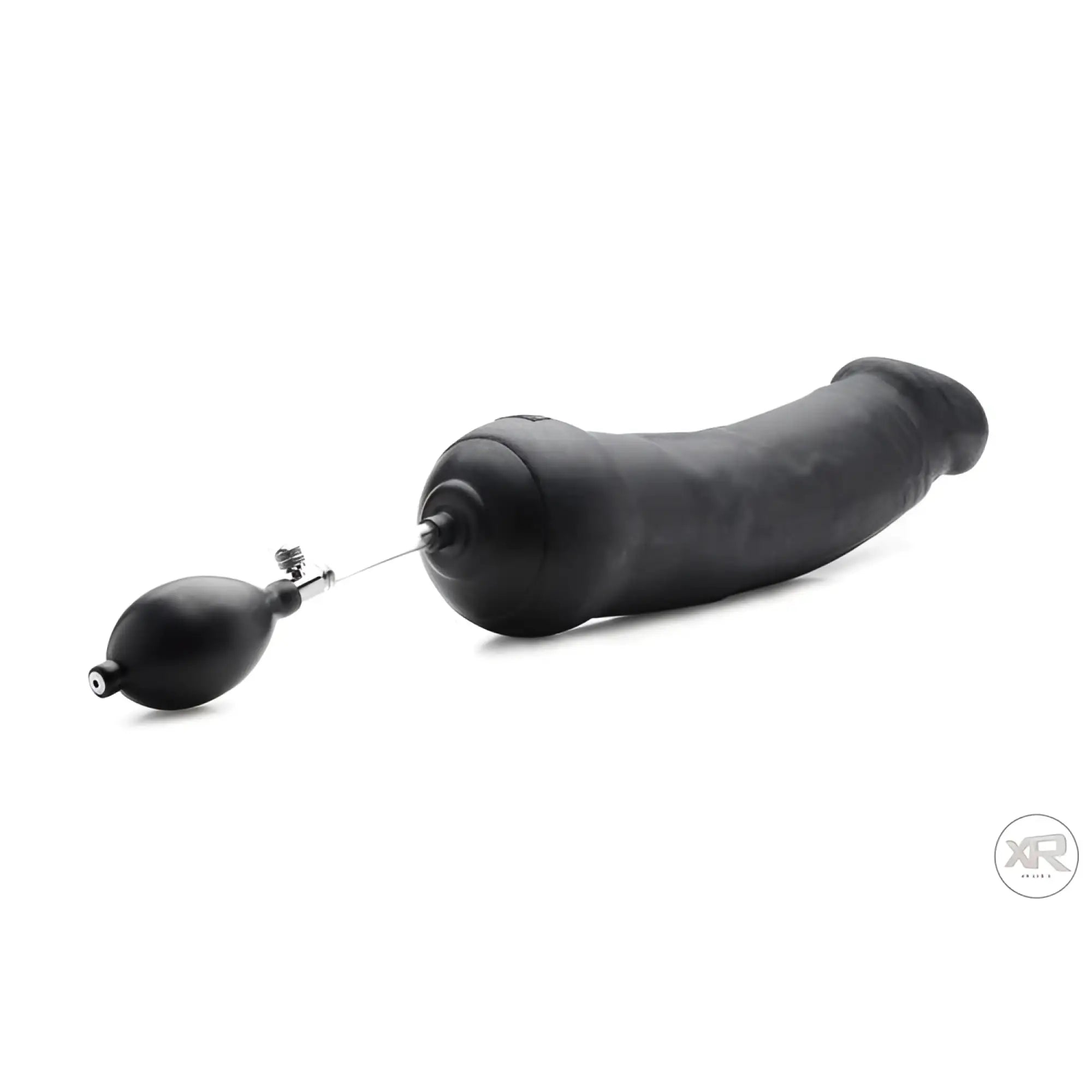 Black Tom of Finland Toms inflatable silicone dildo with a hand-pump inflation bulb on a white background.