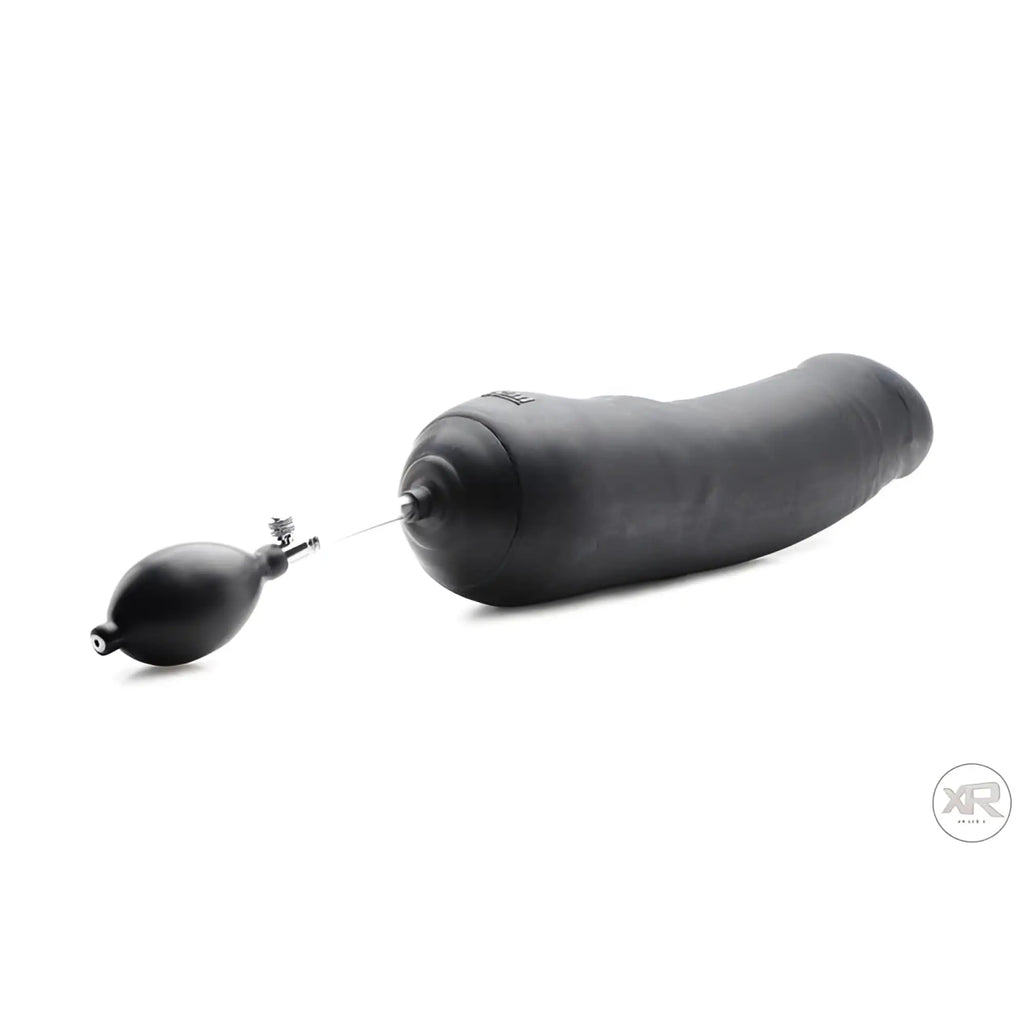 Black Tom of Finland inflatable silicone dildo with a hand pump, isolated on a white background.