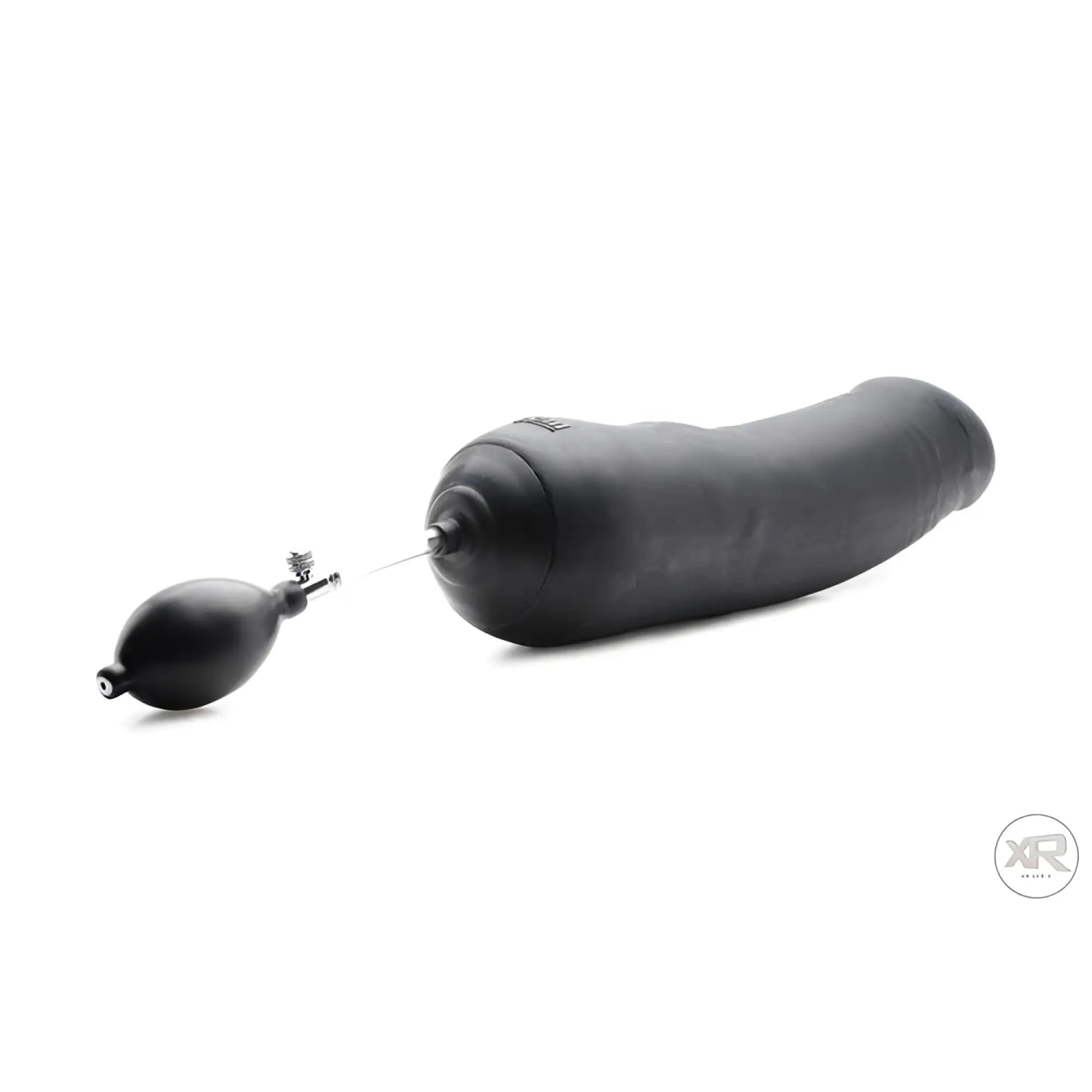 Black Tom of Finland inflatable silicone dildo with a hand pump, isolated on a white background.