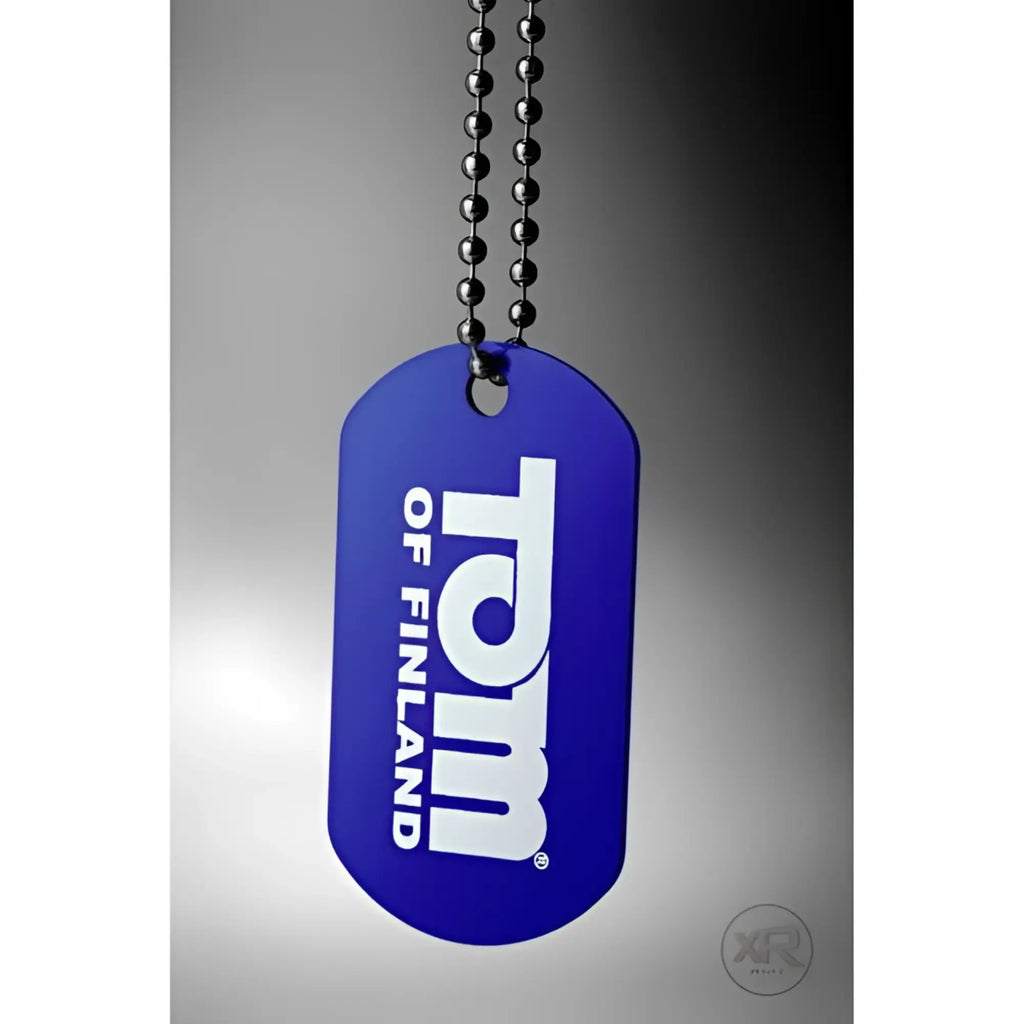 Blue acrylic dog tag with white tom of finland logo and silver ball chain for tom of finland water based lube