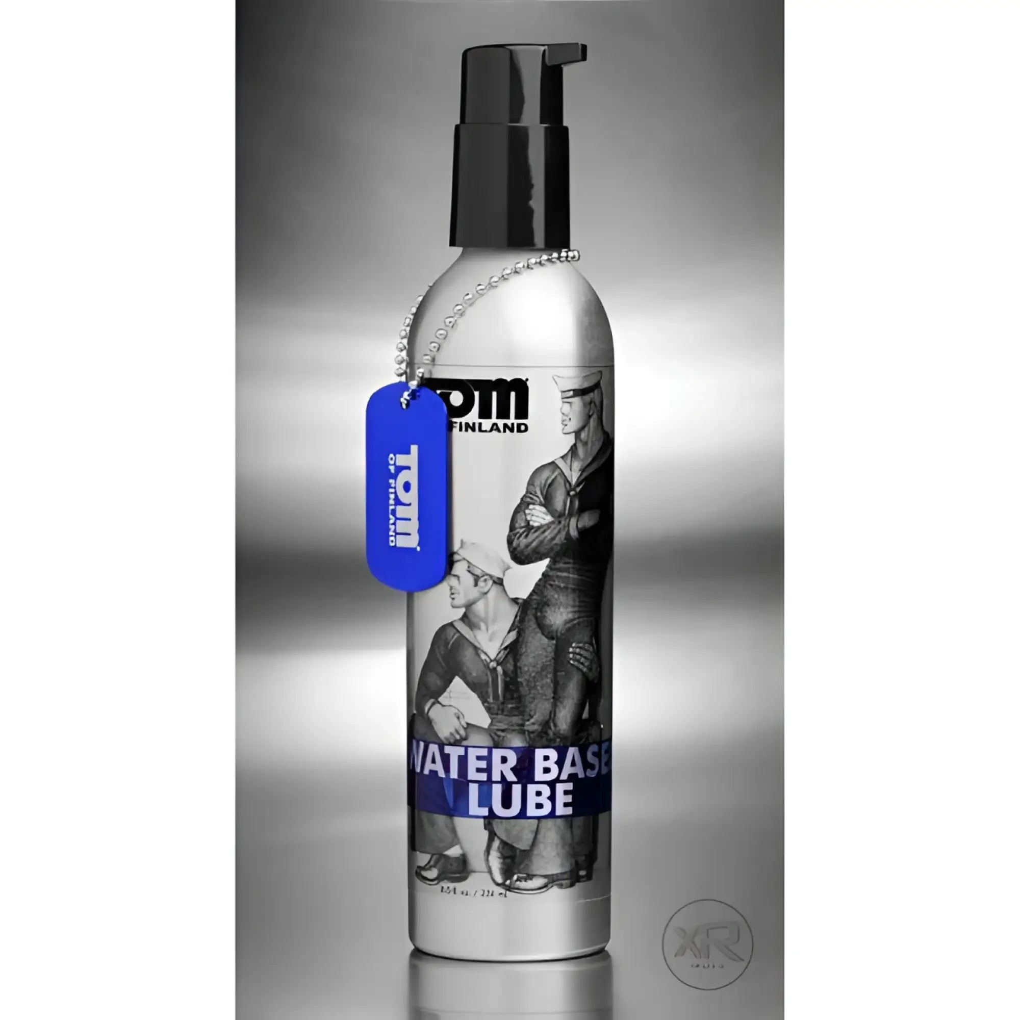 Silver bottle with black pump and blue tag featuring vintage illustration of two sailors labeled tom of finland water based lube