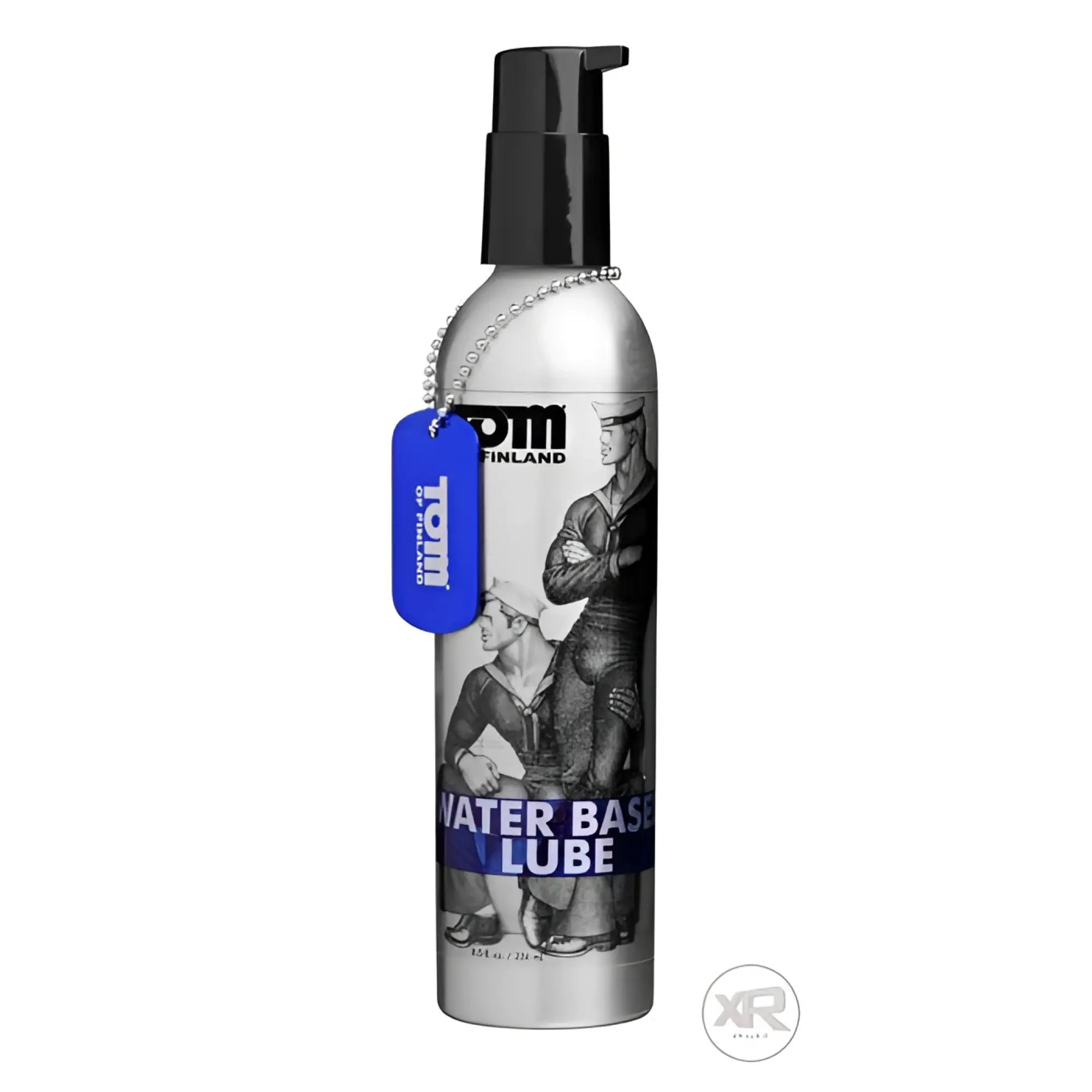 Silver metallic tom of finland water based lube bottle with black pump and vintage sailors illustration label