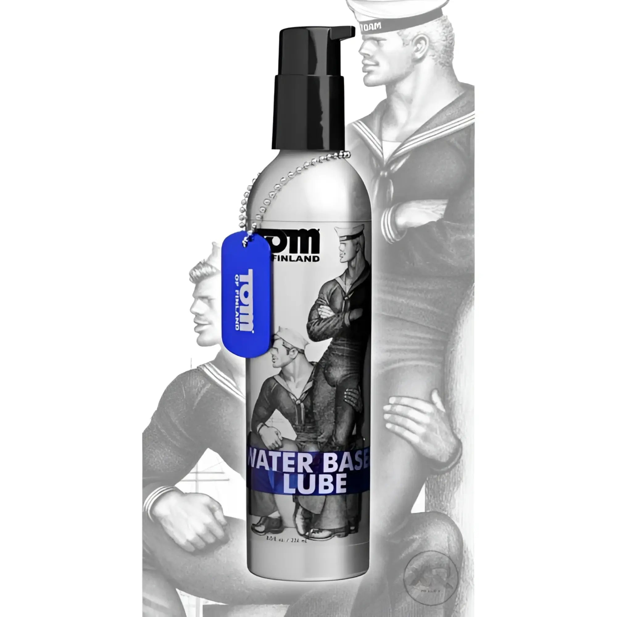 Silver metallic bottle of tom of finland water based lube with black pump and vintage sailor label and blue tag