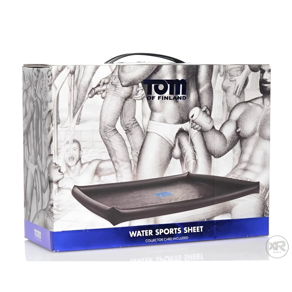 Tom of Finland Water Sports Sheet in its branded box, featuring explicit black and white erotic illustrations.
