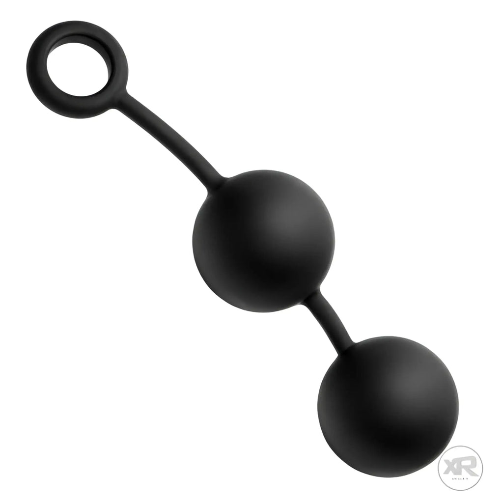Tom of Finland weighted anal balls: A matte black, two-ball silicone toy with a loop handle on a white background.