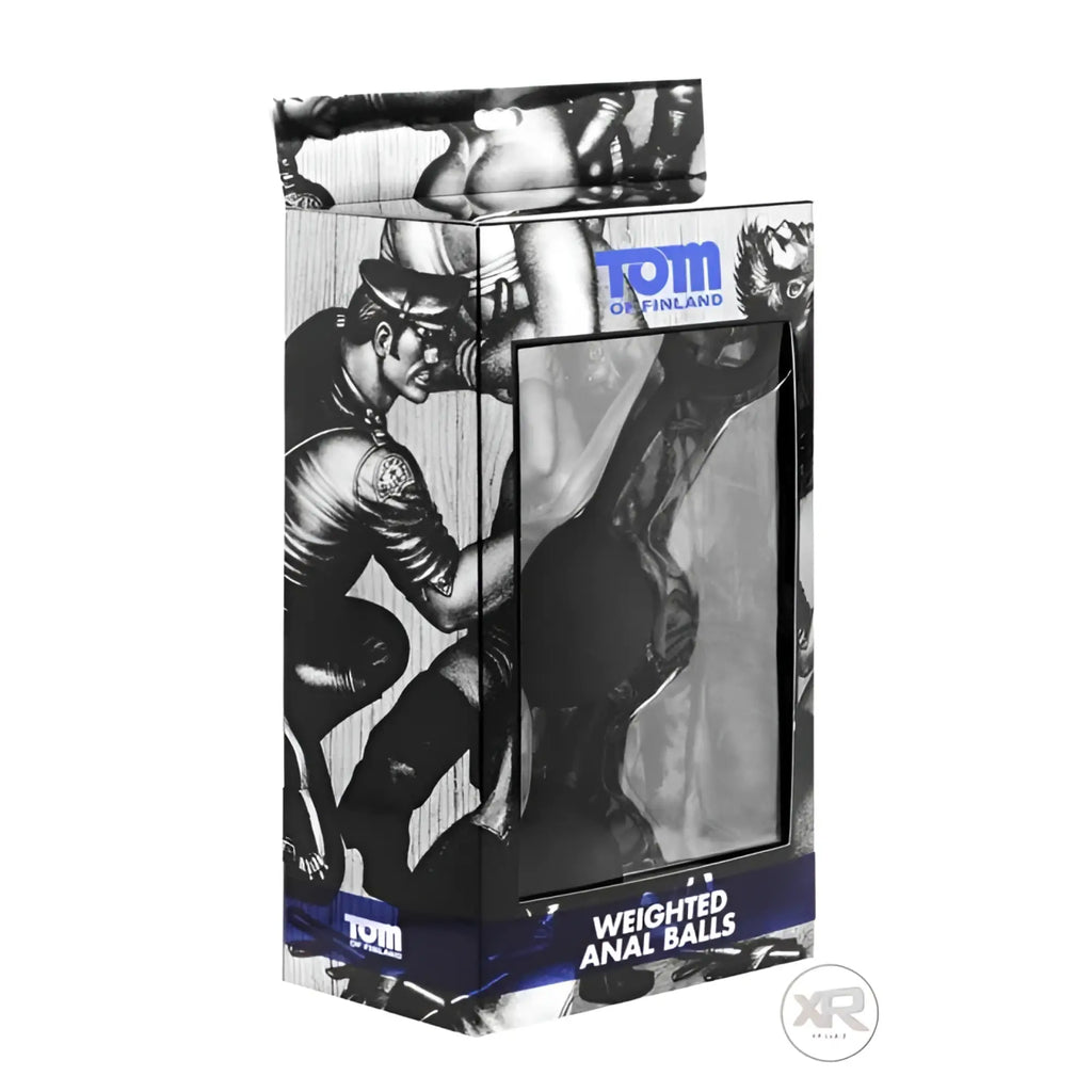 Tom of Finland Weighted Anal Balls in black packaging featuring iconic Tom of Finland erotic comic book art illustrations.