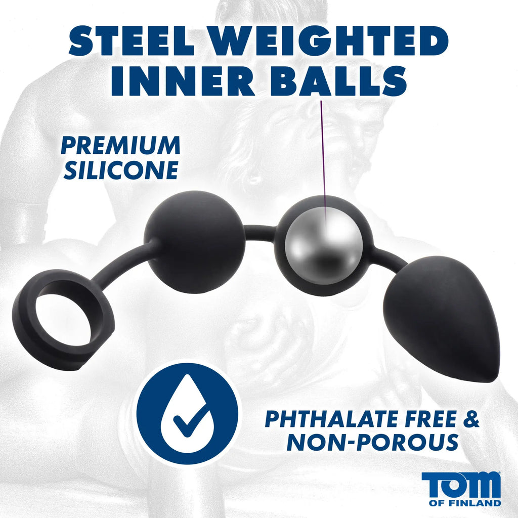 Tom of Finland black silicone weighted anal beads with a teardrop tip and ring pull, showing internal steel weights.
